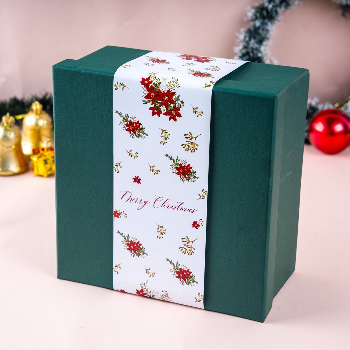Christmas Green Gift Box with Merry Blooms Sleeve Main image